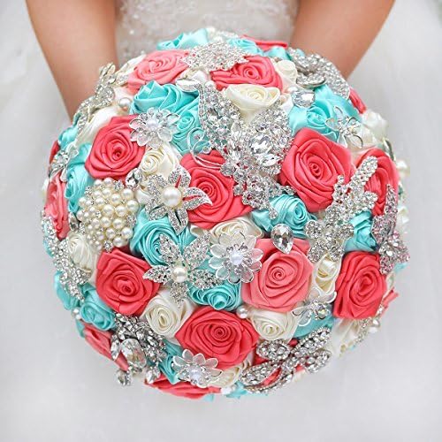 IFFO DIY Brooch Bouquet Silk Bride Bridal Wedding Bouquet Bridesmaid Mint Turquoise & Coral Ivory Ribbon Roses Customizable Bouquets