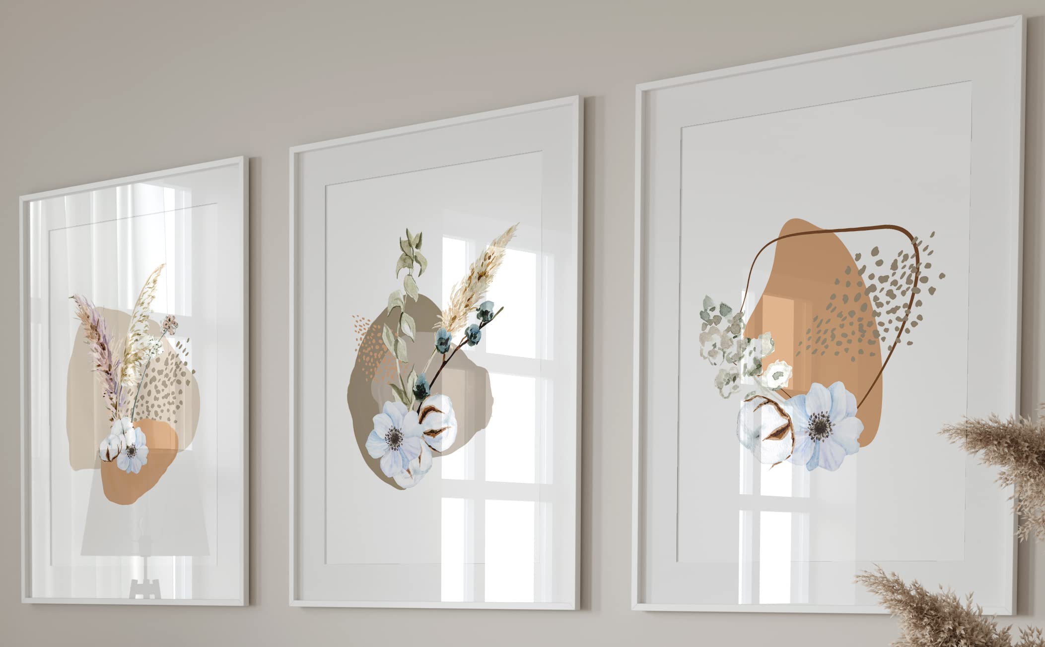 Eviepops Prints Pampas Grass Abstract Wall Art Set of 3 Unframed Prints, Abstract Tropical Plant Decor, Living Room Bedroom Poster Home Decor, Plant Leaves White Beige Brown (A4)