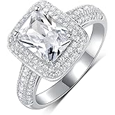 Gemsme 18K White Gold Plated Square Cubic Zirconia Promise Ring Halo Wedding Engagemen Ring for Women