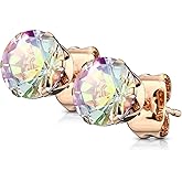 Amelia Fashion Pair Rose Gold Round Aurora Borealis CZ Earring Studs 316L Surgical Stainelss Steel (Choose Size)