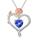 DONGHU Rose Heart Birthstone Necklace Sterling Silver Heart Birthstone Necklace for Women Birthstone Heart Pendant Valentine's Day Mother’s Day Gift for Mom Wife