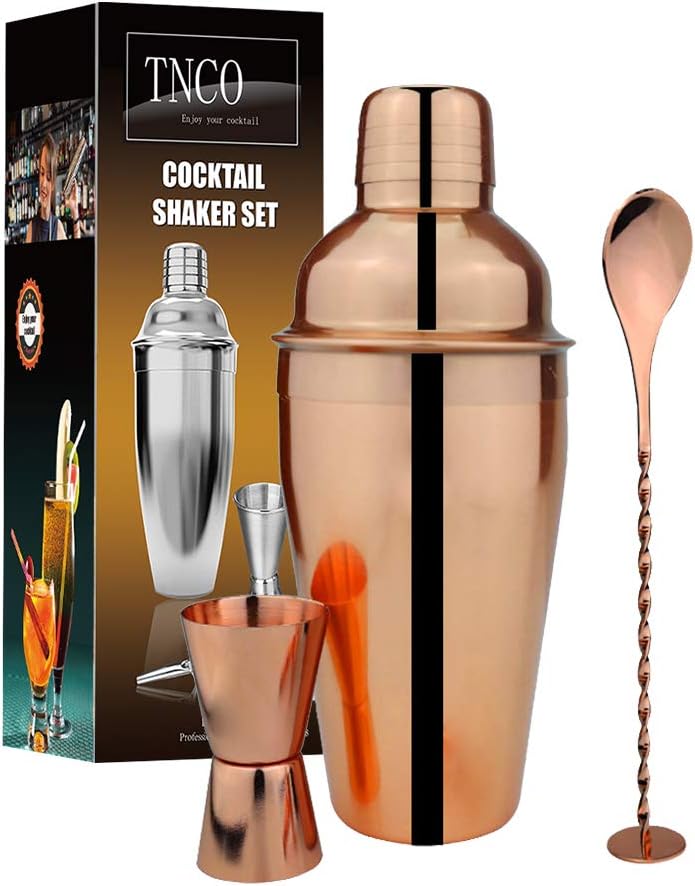 TNCO Rose Gold Cocktail Shaker Set, Bartender Tools includes: Drink Shaker with Cocktail Strainer, 0.5/1 OZ Jigger, Mixer Spoon (Rose Gold, 26OZ(750ml))