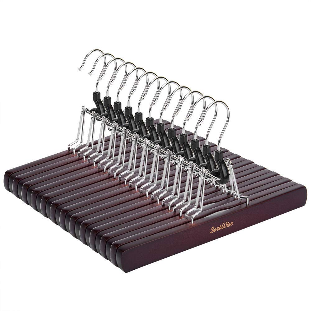 SortWise Wooden Pant Hangers Set of 12 NonSlip & ClipFree Hanger