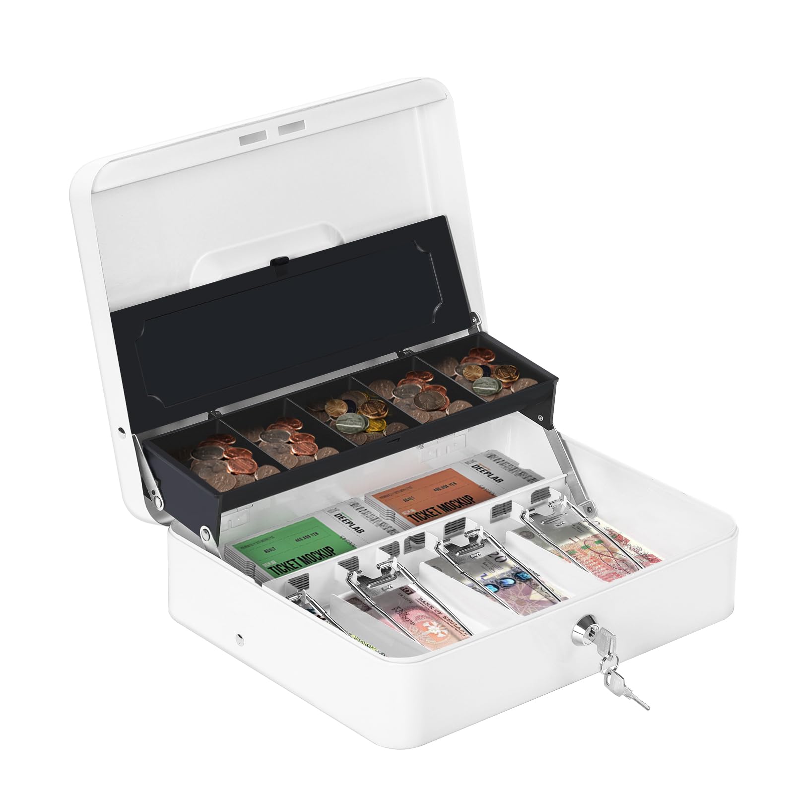 HAITRAL Metal Cash Box with Key Lock, Note and Coin Safe Box, Portable Large Double Layer Cash Box with Fixed Coin Tray and 2 Keys, Money Tin 30 X 24 X 9 cm, White