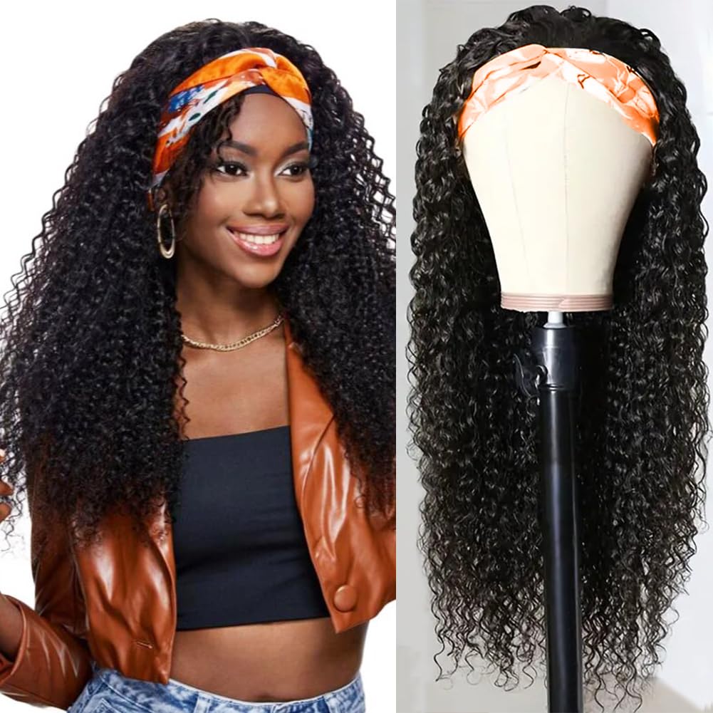 Urshiney Kinky Curly Headband Wigs for Women Brazilian Virgin Human Hair Machine Made None Lace Front Half Wigs Human Hair With Headband No Shedding Natural Black Can Be Dyed 24 Inch