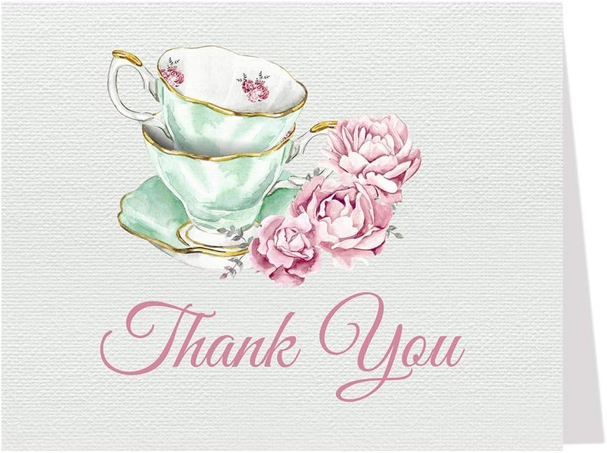 Bridal Tea Party Thank You Cards Bridal Shower Folding Notes Thanks Wedding Party Pink Mint Blush Elegant Chic Vintage Tea Cups Victorian (50 count)