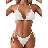 BYINDED Women's Ribbed Two Piece Adjustable Triangle Beads Shoulder Strap Bikini Set Sexy Bathing Swimsuits