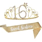 16th Birthday Kit Gold Tiara and Sash Glitter Satin Sash and Crystal Rhinestone Tiara Crown for Happy 16th Birthday Party Supplies Favors Decorations 16th Birthday Party Accessories