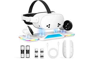 BIOHERM RGB Charging Dock for Oculus Quest 3S/3，Foldable Charging Station for Meta 3S VR Headset & Controllers, with 2 Rechargeable 2100mAh Batteries, Supports LED Indicator