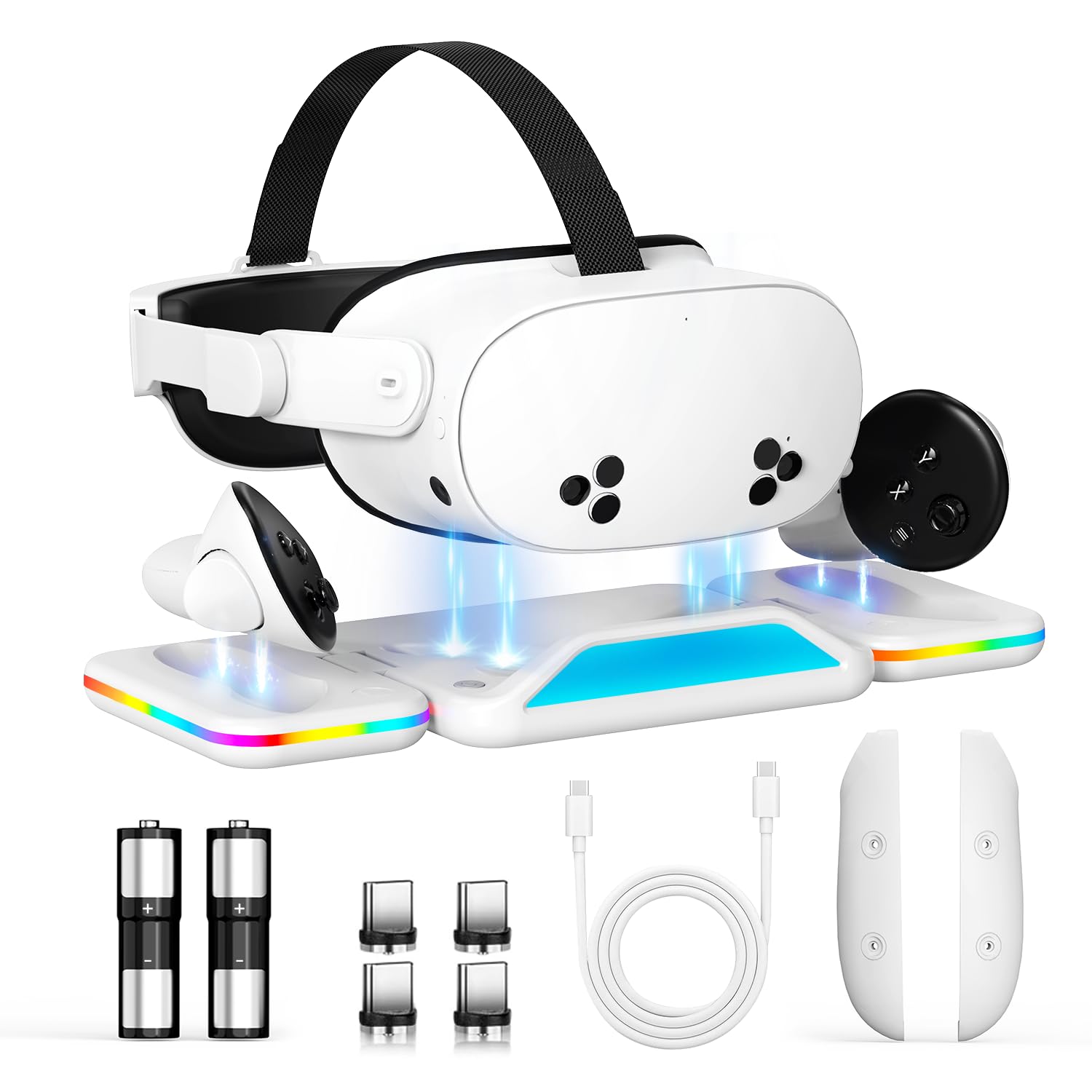 Photo 1 of Bioherm RGB Charging Dock for Oculus Quest 3S/Quest 3?Foldable Charging Station for Meta Quest 3S VR Headset & Controllers, with 2 Rechargeable 2100mAh Batteries, Supports LED Indicator