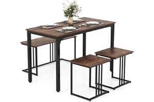 Giantex 4-Piece Dining Table Set for 4, Modern Kitchen Table and Chairs, Nesting Furniture Set with Bench & 2 Stools, Space-Saving Desk Set, Dinette Set for Small Place, Dining Room Restaurant (Brown)
