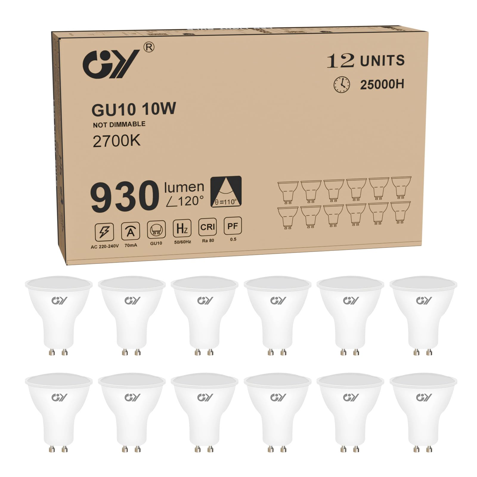 GY GU10 LED Bulbs Warm White 2700K 10W 930lm, Energy Saving High Lumen Light Bulbs Equivalent to 100W,120° Wide Beam Non-dimmable, Pack of 12 — image 1