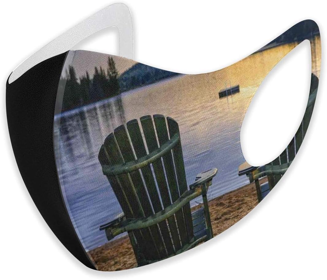 Comfortable Windproof mask,Two Wooden Chairs On Relaxing Lakeside At Sunset Algonquin Provincial Park Canada,Printed Facial decorations for Adult
