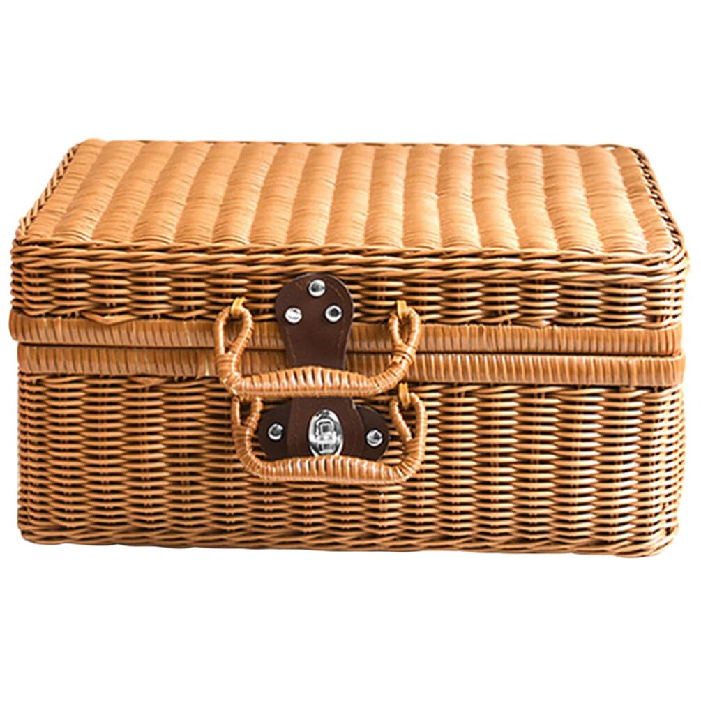 ULTECHNOVO Imitation Rattan Suitcase Vintage Storage Box Woven Storage Baskets Storage Boxes with Lids Artificial Leather, Plastic Light Brown Wicker Basket with Lid Rattan Makeup Organizer