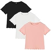 Dalukit 3 Pack Toddler Girl T-Shirts Ruffle Short Sleeve Baby Girls Top Basic Solid Ribbed Casual Tees for Little Girls