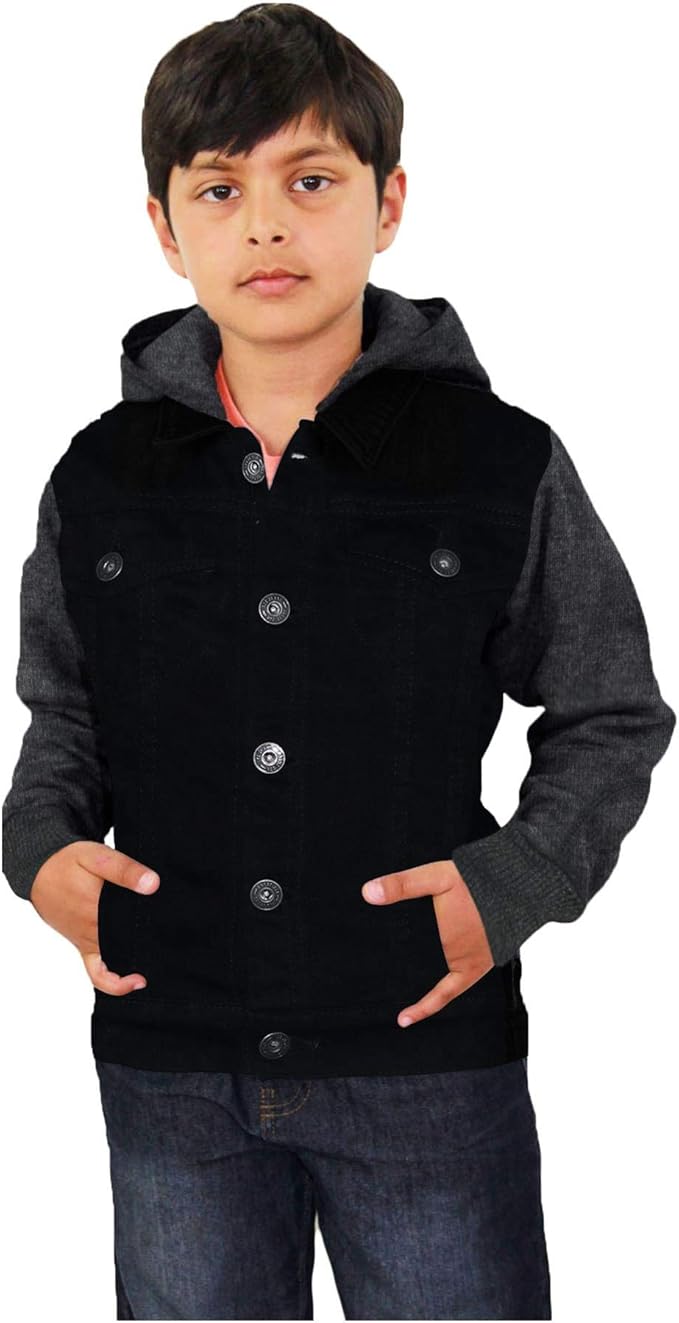 denim jacket with fleece sleeves and hood