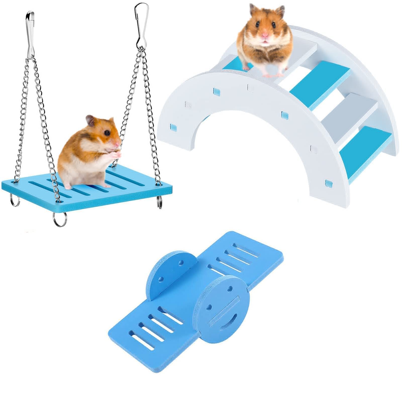 Hamster Play Toys,3 PCS Climb and Play Toy Rainbow Bridge & Seesaw & Swing Hamster Chew Toys DIY Lovely Hamster Cage Accessories Exercise Fitness Toys for Hamster for Small Pets