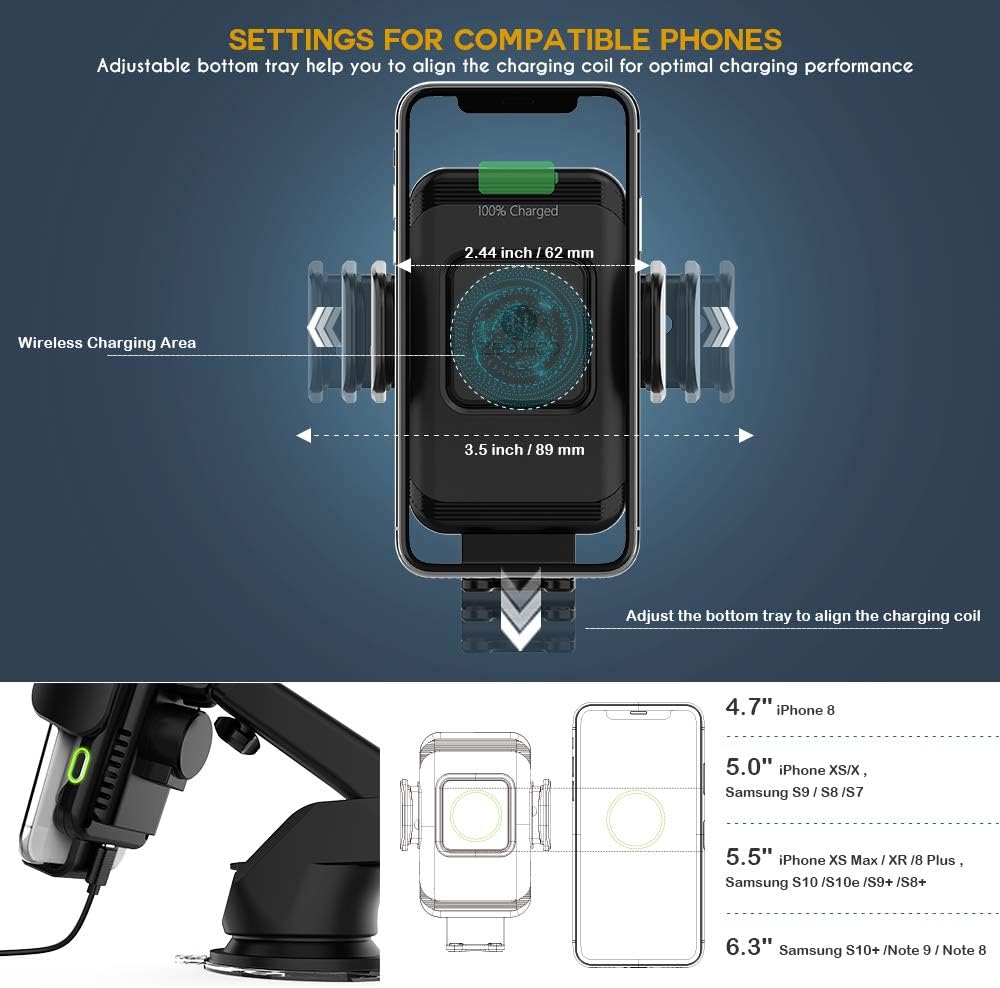 ZeeHoo Wireless Car Charger,10W Qi Fast Charging Auto-Clamping Car Mount,Windshield Dash Air Vent Phone Holder Compatible iPhone 11/11 Pro/11 Pro Max/Xs MAX/XS/XR/X/8/8+,Samsung S10/S10+/S9/S9+/S8/S8+: Electronics