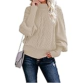 Scapodo Women's Chunky Cable Knit Turtleneck Sweater Winter Pullover with Puff Sleeves Solid Color Loose Fit Top