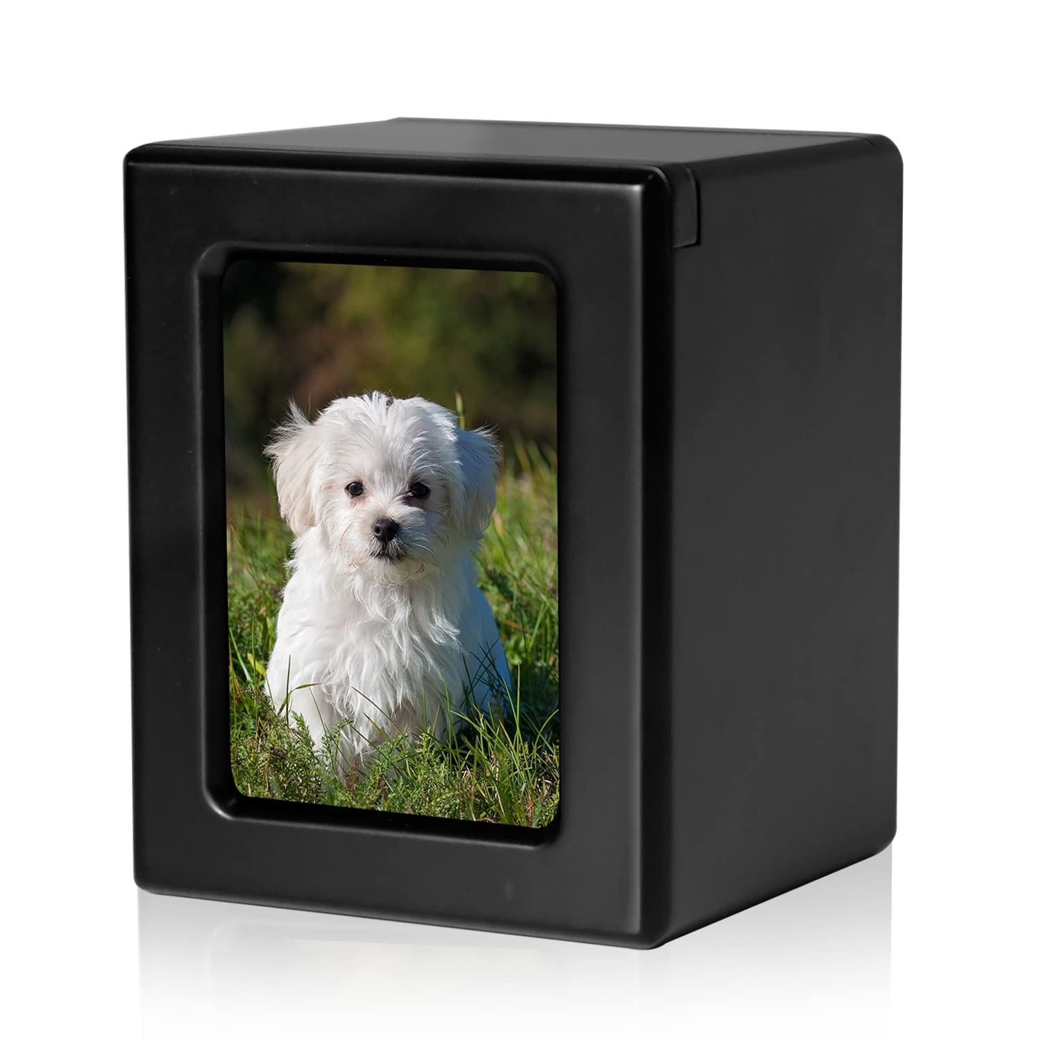 MAKEY'S Pet Urns for Dogs Cats Ashes, Black Wooden Solid Memorial Urn with Photo Frame, M(26-45lbs), Dog Cat Ashes Urn
