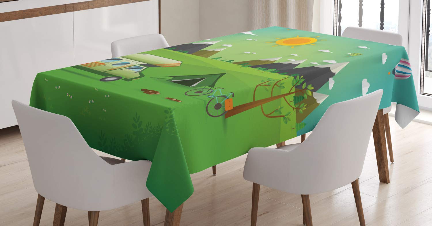 ABAKUHAUS Happy Camper Tablecloth, Outdoors Caravan, Dining Room Kitchen Rectangular Table Cover, 54 W X 78 L, Multicolor