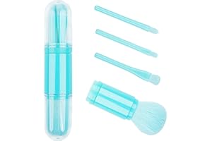 MS. WENNY Travel Makeup Brush Set Blue - 4 in 1 Portable Travel Lip Brush, Highlight Brush, Eyeshadow Brush, Foundation Blending Powder Brush Retractable Mini Face Cosmetic Makeup Brush Set