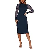 Women's Ribbed Bodycon Midi Dress Lace Long Sleeve Slim Fit Turtle Neck Sexy Party Clubwear