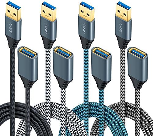 [6 FT] USB 3.0 Extension Cable, OKRAY 4 Pack Nylon Braided USB Extender Cable – Superspeed A Male to A Female Cord with Durable Gold-Plated Metal Connector (Black White Grey Blue)