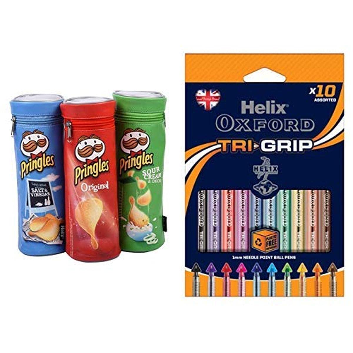 Helix Pringles Pencil Case & Helix Oxford Tri-Grip Pens (10 Pack of Assorted Colours)