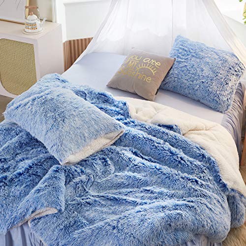 FlySheep Luxury Faux Fur Shaggy Fluffy Comforter Set Queen Size Mixed