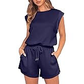 GRECERELLE Rompers For Women 2026 Summer Cap Sleeve Adjustable Drawstring Waistband Cozy Lounge Short Jumpsuit With Pocket