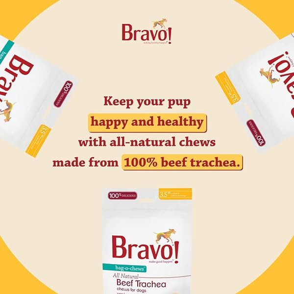 BRAVO! BEEF TRACHEA DOG CHEWS, 8 INCH (2 COUNT) FOR MEDIUM AND LARGE BREED DOGS, DRY ROASTED, HIGH PROTEIN, NATURAL SOURCE OF CHONDROITIN AND GLUCOSAMINE