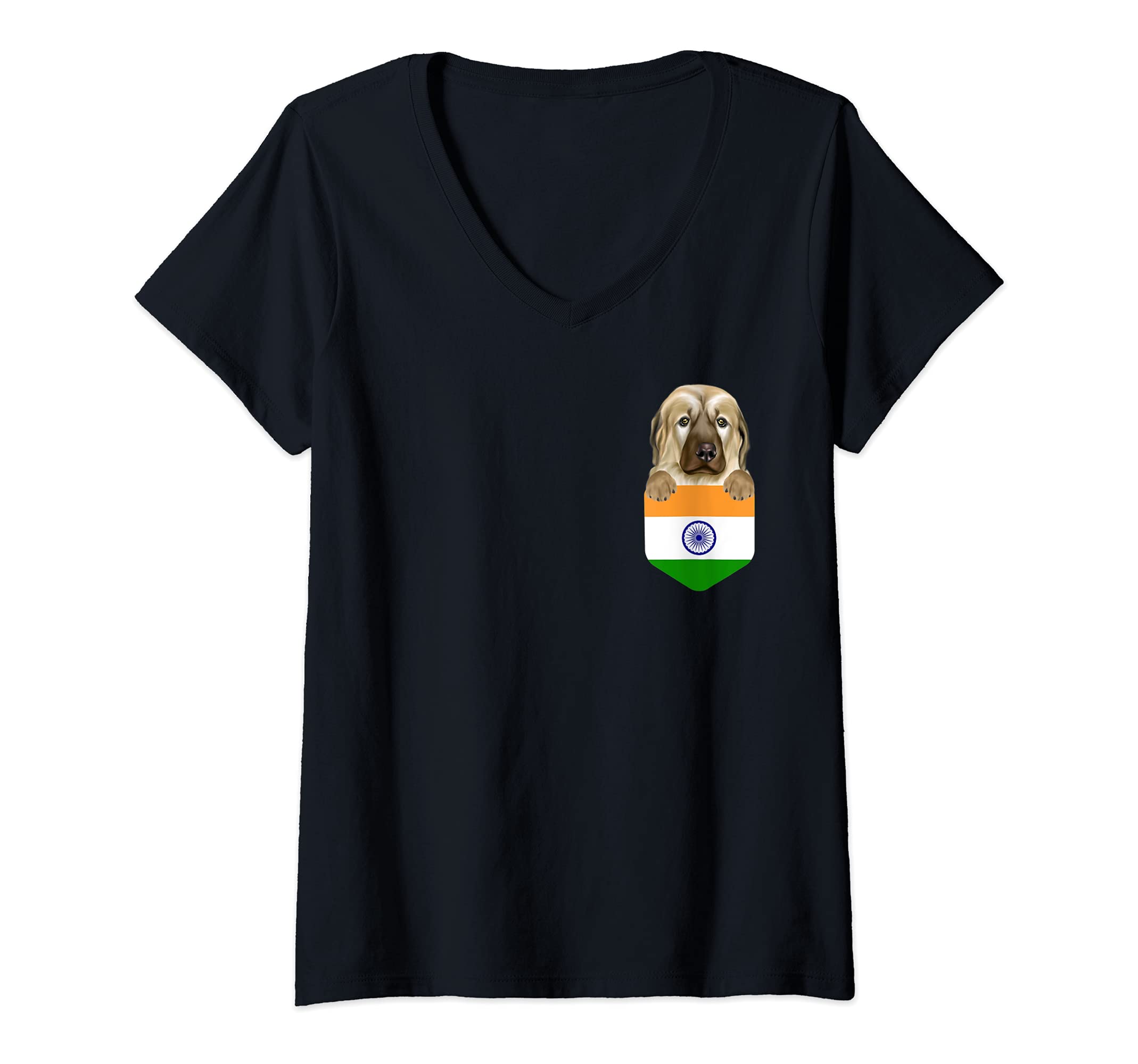 Womens India Flag Anatolian Shepherd Dog Dog In Pocket V-Neck T-Shirt