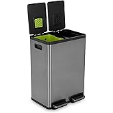 SIMPLI-Magic 16 Gallon (60L) Elegant Black Step Trash Can – Dual Compartment Kitchen Garbage Can with Waste & Recycling Bins – Slow-Close Lid, Odor Control, Hands-Free, Premium Stainless Steel
