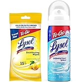 Lysol To Go Bundle - 1.5 Ounce Crisp Linen Disinfectant Spray and Lemon Lime Disinfecting Wipes Flat Pack