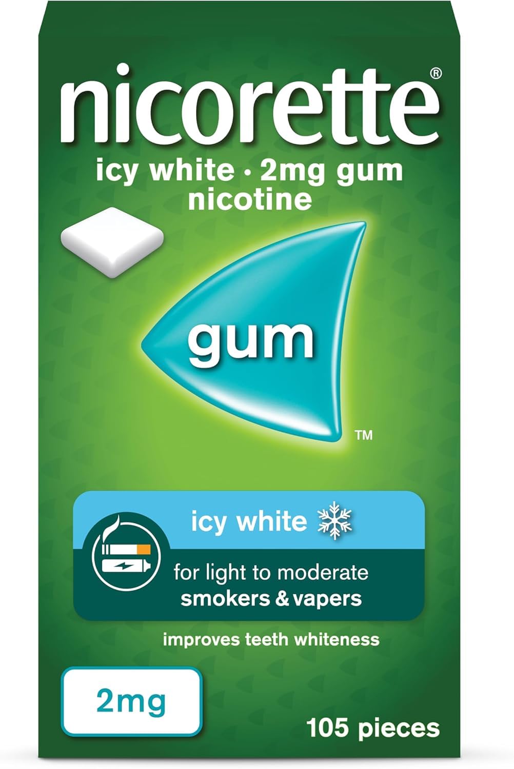 Nicorette Icy White 2mg Gum (105 Pieces), Discreet Stop Smoking and Stop Vaping Aid to Help you Quit For Good, Tackle Cravings and Withdrawal Symptoms, Nicotine Gum (Quit Smoking or Vaping)