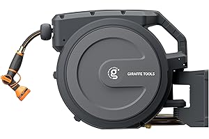 Giraffe Tools Retractable Garden Hose Reel 5/8 inch x 90 ft Hose Reels for Outside, Wall Mounted Water Hose Reel with 180 Deg Swivel Bracket, Any Length Lock, 9 Pattern Hose Nozzle