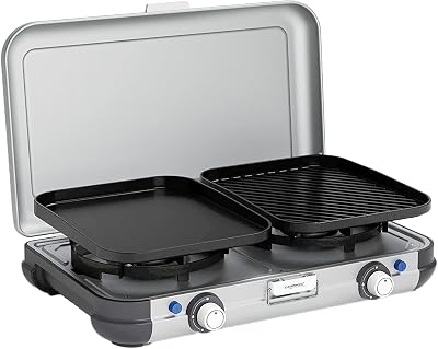 Camping Kitchen 2 Grill & Go CV | Cocina Camping de gas, 2 fuegos, funciona con cartucho gas, 3,600 vatios, cocina cartucho con 2 placas de cocción regulables de forma continua