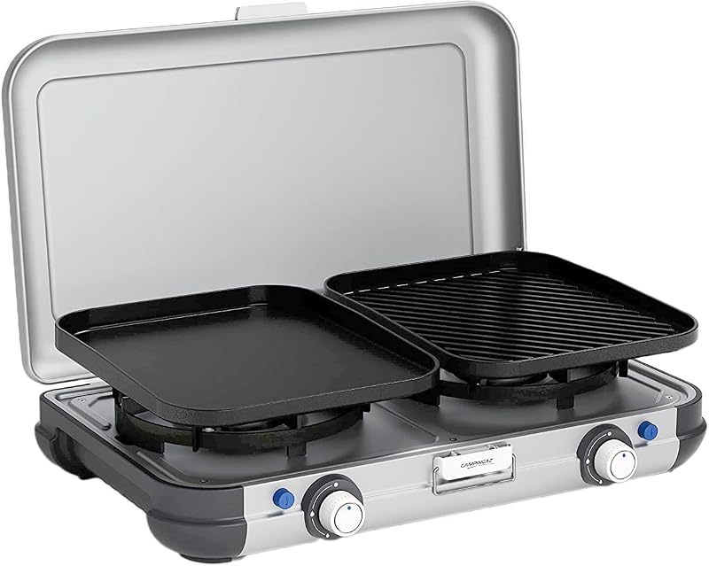 Cozinha de Campismo 2 Grill & Go CV | Fogão a gás camping, 2 queimadores, funciona com cartucho a gás, 3.600 watts, fogão de cartucho com 2 placas de cozinha ajustáveis continuamente