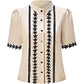 winkbay Women's Lace Puff Sleeve Tops Summer Elegant Button Down Mock Neck Shirts Work Office Blouses
