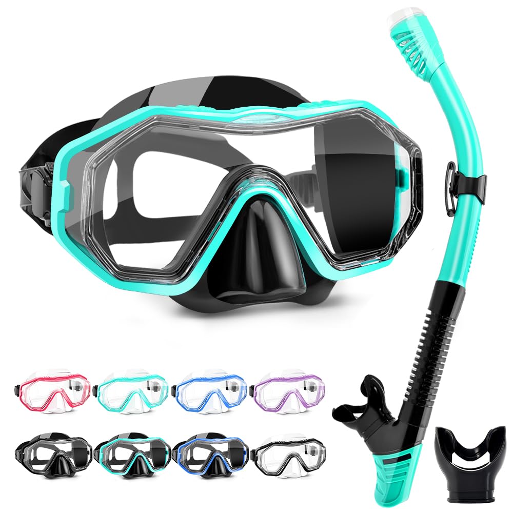 HINATAA Dry Snorkel Set,Multi-Colors 180° View Anti-Fog Diving Goggle and Silicone Anti-Leak Dry Snorkel Tube,Profession Snorkeling Gear, Easy Breath Snorkel Mask for Adult and Teenagers (Black Green)