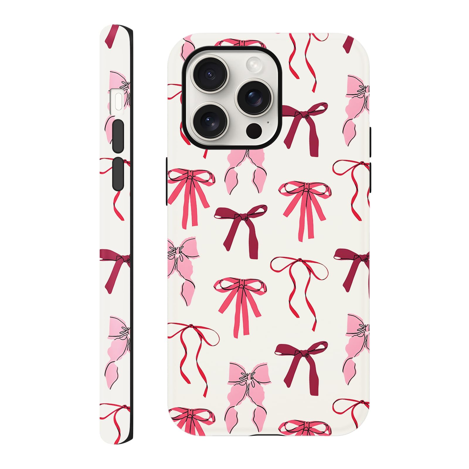 Yomjew Cute Bow Phone Case for iPhone 15 Pro Case 6.1", Pink Aesthetic Coquette Preppy Ribbon Bowknot Pattern Print Design 2-in-1 Matte Cover Shockproof Soft TPU Hard PC Protection Girls Women Funda