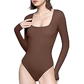 PUMIEY Women's Square Neck Long Sleeve Bodysuit Sexy Body Suit Tops Smoke Cloud Collection