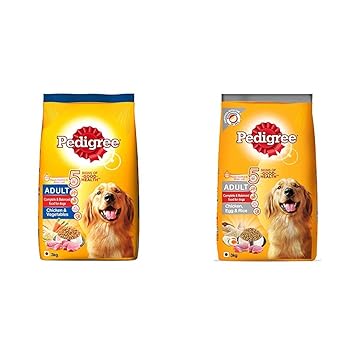 Pedigree Adult Dry Dog Food, Chicken and Vegetables, 3kg Pack & Pedigree Adult Dry Dog Food, (High Protein Variant), Chicken Egg and Rice, 3kg Pack