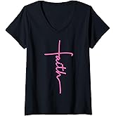 Womens Christian Faith Cross Hot Pink Believers Christians Gift V-Neck T-Shirt