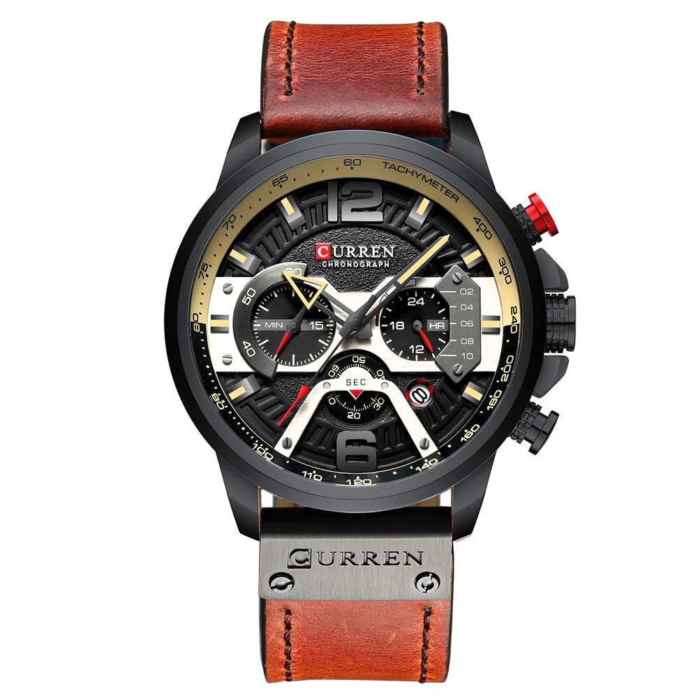 Curren Mens Quartz Analog Calendar Fashion Waterproof Leather Band Wrist Watch, red, Chronograph Quartz Movement