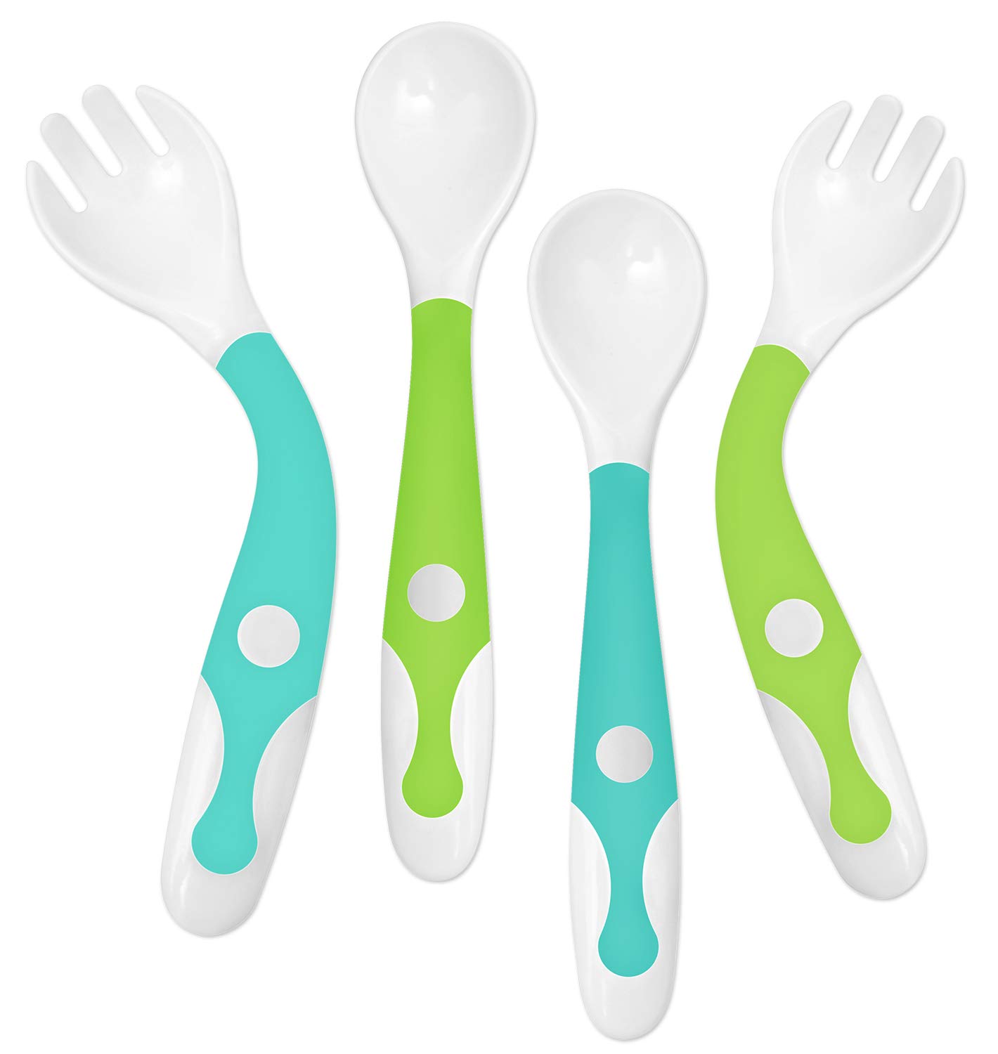 YIVEKO Baby Training Spoons Forks 2 Sets with Travel Case, Toddler Feeding Utensils Set Children Tableware Travel Set BPA Free Self-Feeding Learning Spoons Forks for Kids Green Blue