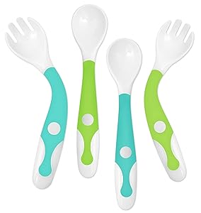 YIVEKO Baby Training Spoons Forks 2 Sets with Travel Case, Toddler Feeding Utensils Set Children Tableware Travel Set BPA Free Self-Feeding Learning Spoons Forks for Kids Green Blue