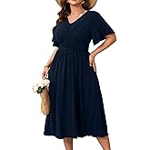RWJ Women's Plus Size Maxi Dress V Neck Short Sleeve Swiss Dot A Line High Waist Boho Swing Casual Summer Dresses