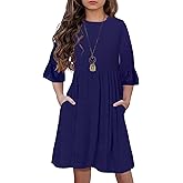 HOSIKA Girls Midi Dress Floral 3/4 Sleeve Ruffle A-line Swing Casual Dresses with Pockets for Kids 6-12 Years